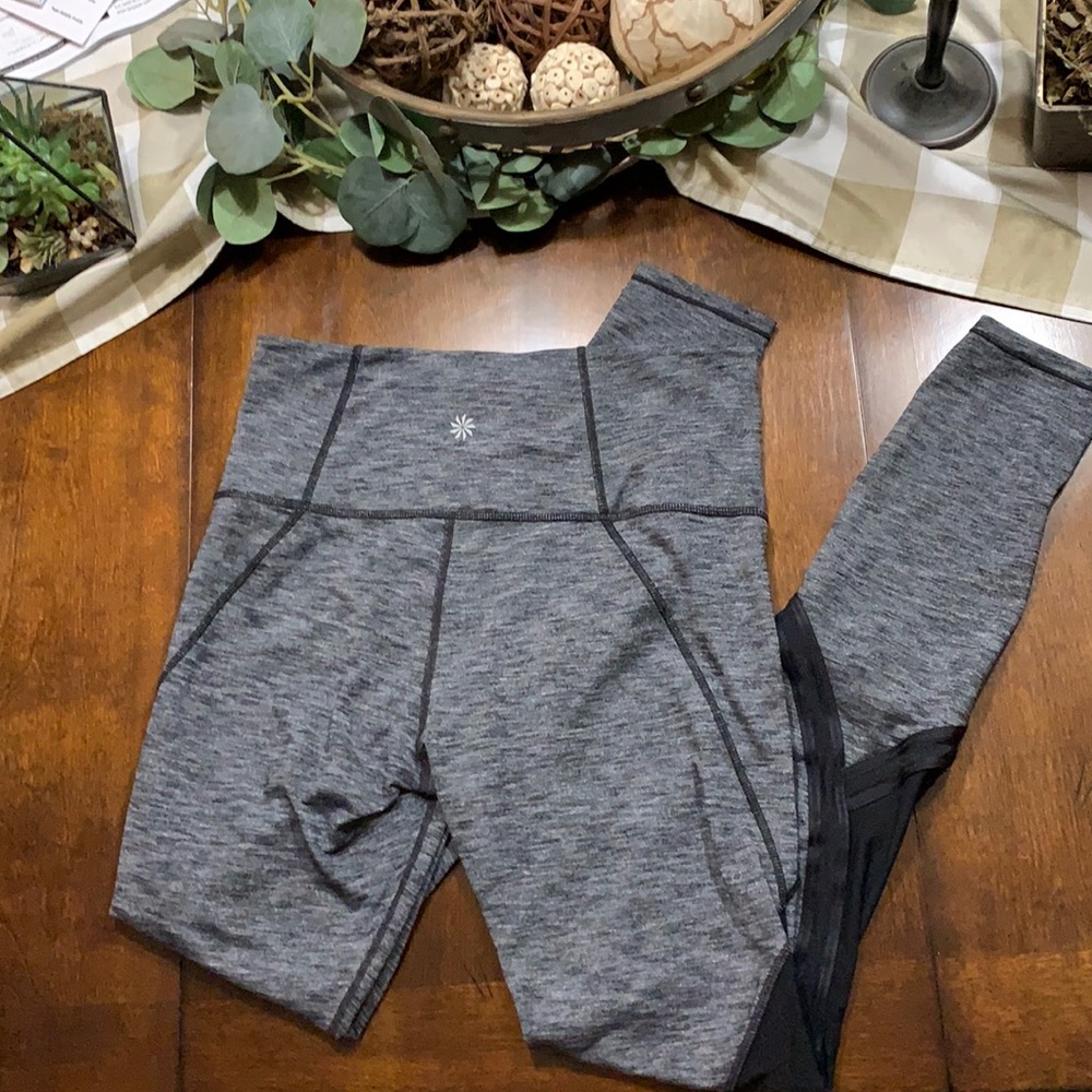 Athleta Leggings. Size Medium. Gray with black, sheer panels on legs. Super cute